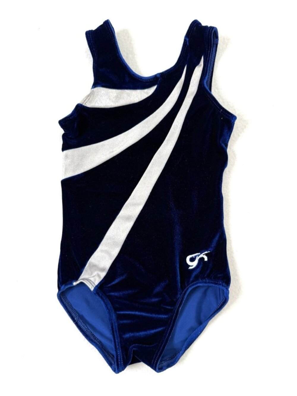 GK Elite Sportswear Velour Silver Sparkle Leotard Youth size Medium Blue